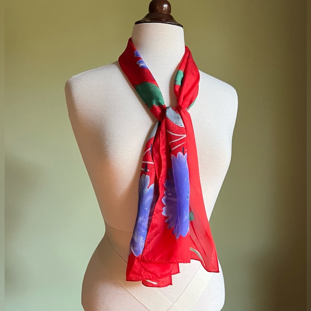 Floral Vera Scarf, Vibrant Red Silk Scarf, Vintage Silk Scarf